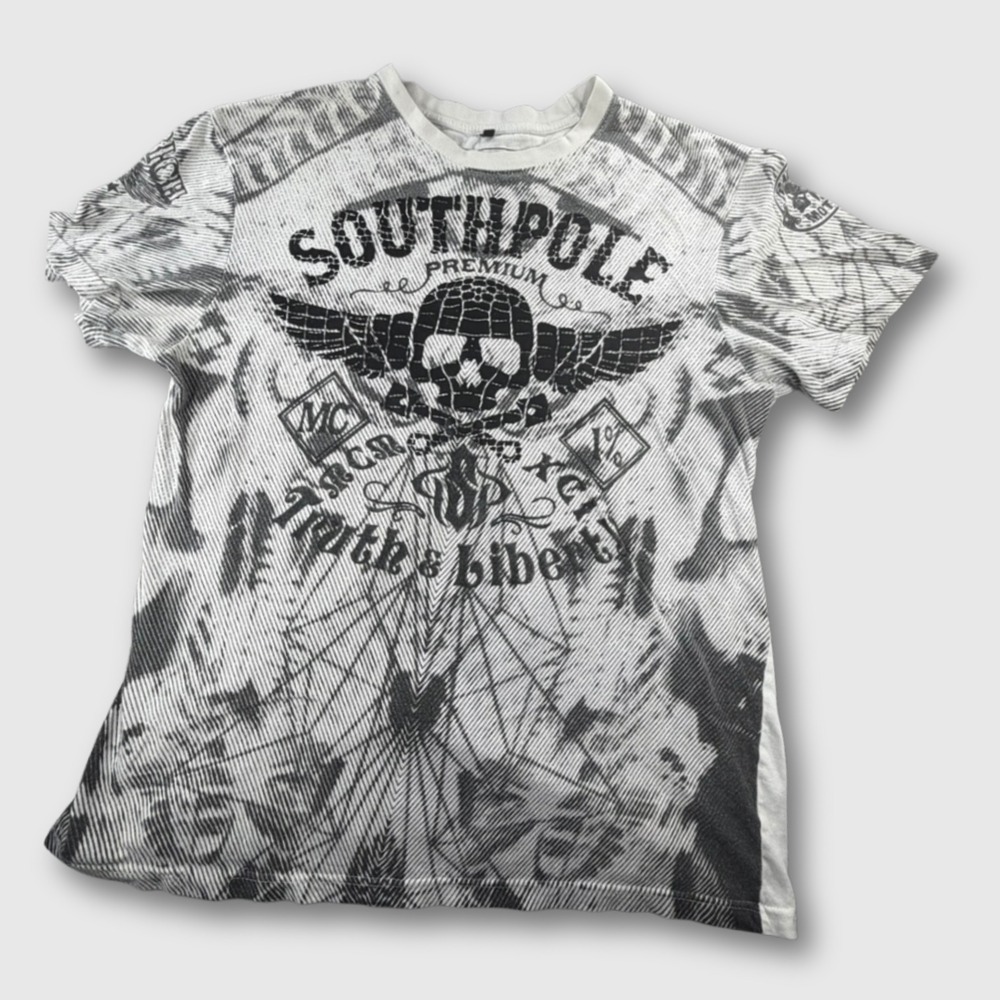 Southpole Skull Graphic T Shirt Mens L Black White Biker‎ Grunge Tee